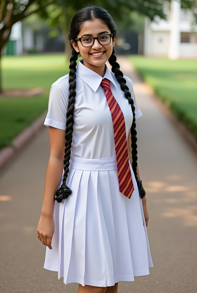 : A happy and cute 21-year-old Sri Lankan schoolgirl is walking through a park on the college campus. Apply a school background to match the picture and create a photo-realistic full image with confidence. She is dressed in a perfectly ironed white blouse, a red and orange striped tie, and a knee-length white school skirt. Her long black hair was styled into two thick pigtails tied with black ribbons that reached her waist. She is wearing glasses, smiling brightly, and on her feet, white shoes with striped socks, giving a casual yet neat look. The soft, warm morning light gently illuminates her face, enhancing her radiant and natural beauty. Adding a timeless and classic feel to the look. With a warm color temperature and natural lighting to maintain a realistic and vibrant atmosphere, Instagram model for real life details, face sensitive smile, glowing face, big breasts, 1 girl, beautiful cute young girl, (((big breast size)), detailed white gown uniform, colored tie, sitting on bed, ((((open legs))), full body, (((sexy thick thighs, clear perfect pussy) ))), wide photo ,cinematic lighting, surreal, photo realistic, 8k, masterpiece, high quality, intricate details, tanned dark colors, sweaty skin, (((((smooth facial features, high skirt)))), ((nsfw:1.5)), ((dynamic sexy pose)) velvaura, photorealis tic, Sri lanka real girl Look face shape Nayanathara Wickramaarachchi , instagram instagram real, real life, hi_resolution,