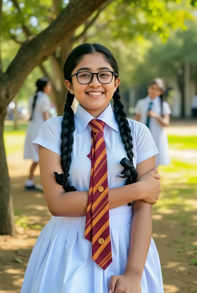 : A happy and cute 21-year-old Sri Lankan schoolgirl is walking through a park on the college campus. Apply a school background to match the picture and create a photo-realistic full image with confidence. She is dressed in a perfectly ironed white blouse, a red and orange striped tie, and a knee-length white school skirt. Her long black hair was styled into two thick pigtails tied with black ribbons that reached her waist. She is wearing glasses, smiling brightly, and on her feet, white shoes with striped socks, giving a casual yet neat look. The soft, warm morning light gently illuminates her face, enhancing her radiant and natural beauty. Adding a timeless and classic feel to the look. With a warm color temperature and natural lighting to maintain a realistic and vibrant atmosphere, Instagram model for real life details, face sensitive smile, glowing face, big breasts, 1 girl, beautiful cute young girl, (((big breast size)), detailed white gown uniform, colored tie, sitting on bed, ((((open legs))), full body, (((sexy thick thighs, clear perfect pussy) ))), wide photo ,cinematic lighting, surreal, photo realistic, 8k, masterpiece, high quality, intricate details, tanned dark colors, sweaty skin, (((((smooth facial features, high skirt)))), ((nsfw:1.5)), ((dynamic sexy pose)) velvaura, photorealis tic, Sri lanka real girl Look face shape Nayanathara Wickramaarachchi , instagram instagram real, real life, hi_resolution,