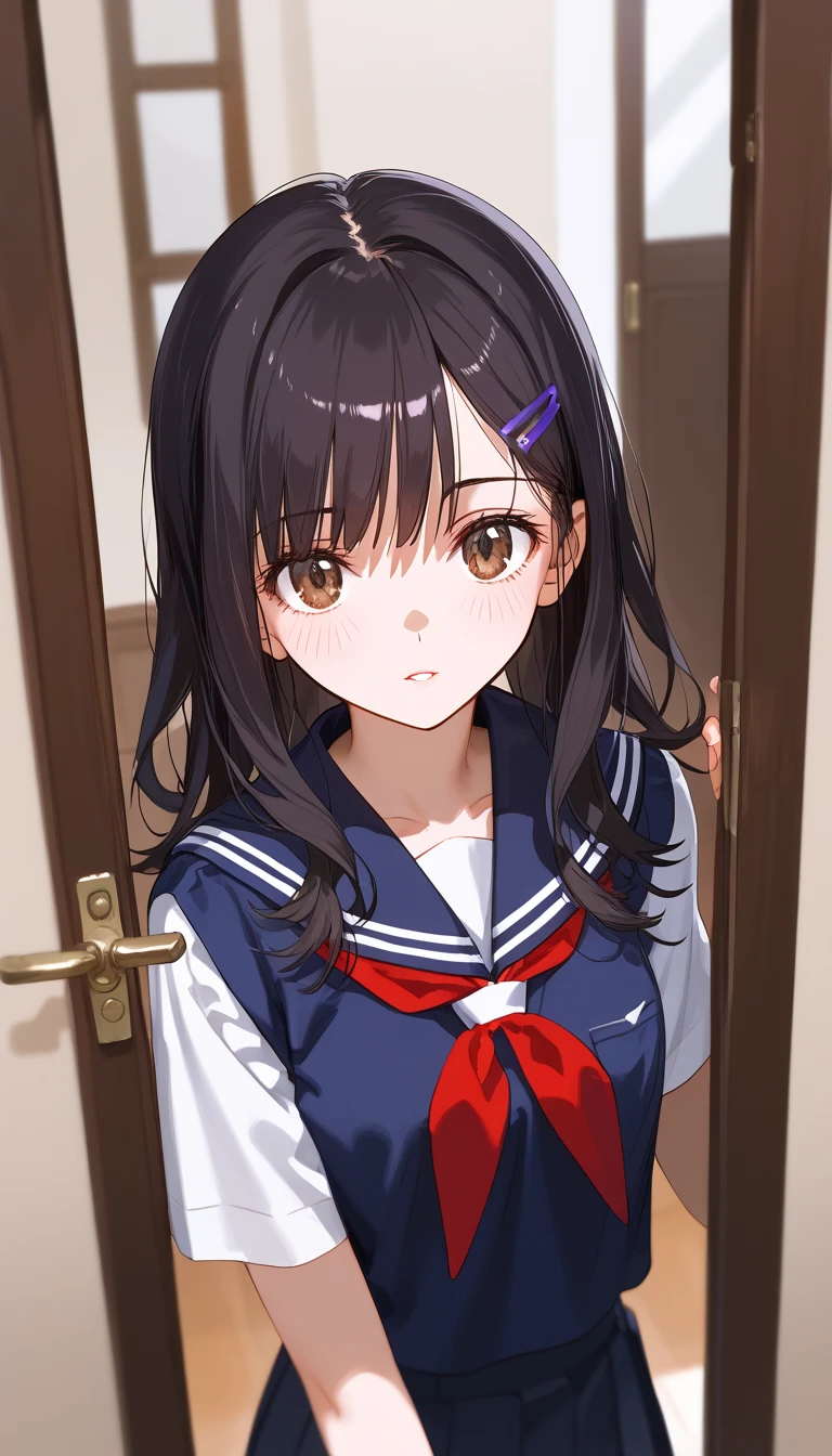 A woman, sunny day, RAW, UHD, 8K, Takeuchi Takashi style, (closeup:1.1),pov doorway, highly detailed face, blush, lip, black hair, Dark brown eyes, bangs, long hair, loose hair, purple clip, Vietnamese school uniforms, makeup, Top view, looking at the viewer