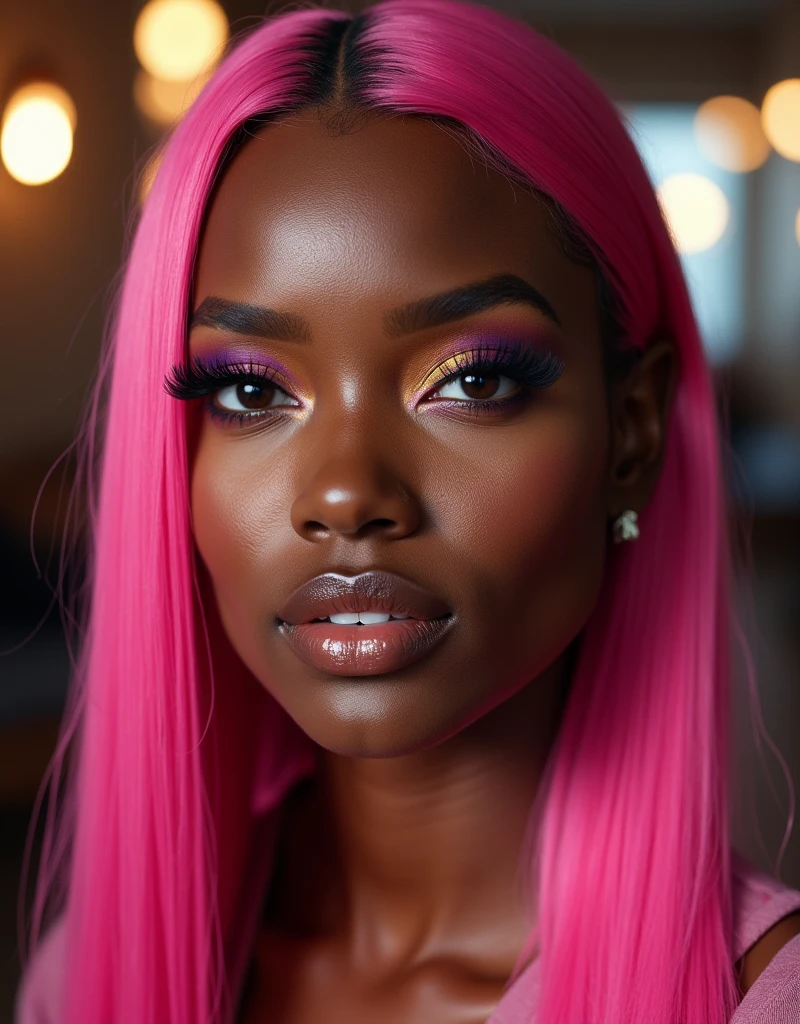 Beautiful black woman, wearing Pink long wig, Standing in living room, wearing gold jewerly, wearing a dress, posing, MASIVVE FULL BODY PHOTO