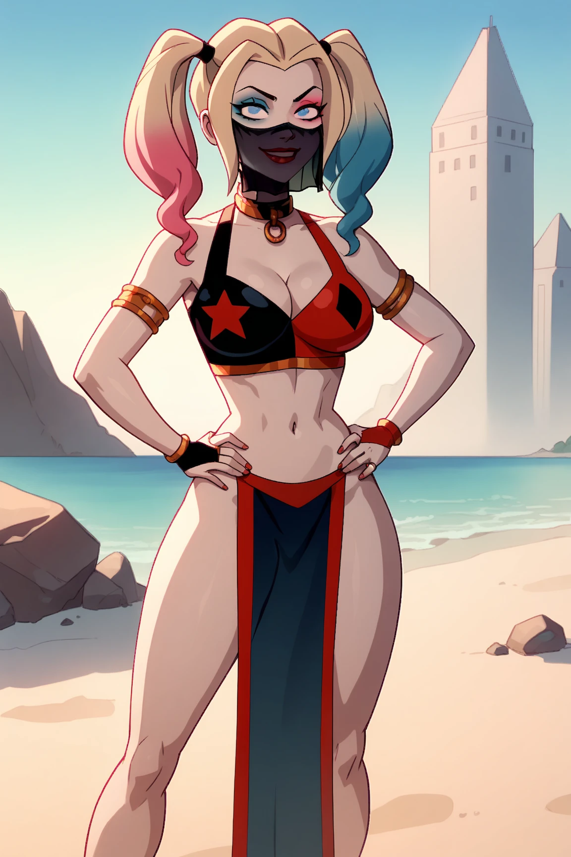 score_9, score_8_up, score_7_up, score_6_up, BREAK HarleyQuinnCartoon, 1girl, twintails, makeup, blue eyes, navel, midriff, lipstick, eyeshadow, blue blonde pink multicolored gradient hair, red lips, pale skin, sand background, dunes, (Hourglass figure:1.2), grinning, sultry, sultry face, big breasts, cleavage, gilharem, mouth veil, bare shoulders, armlet, bridal gauntlets, dancer, usekh collar, pelvic curtain, hands on hips, she's looking at the camera with a calm smile,