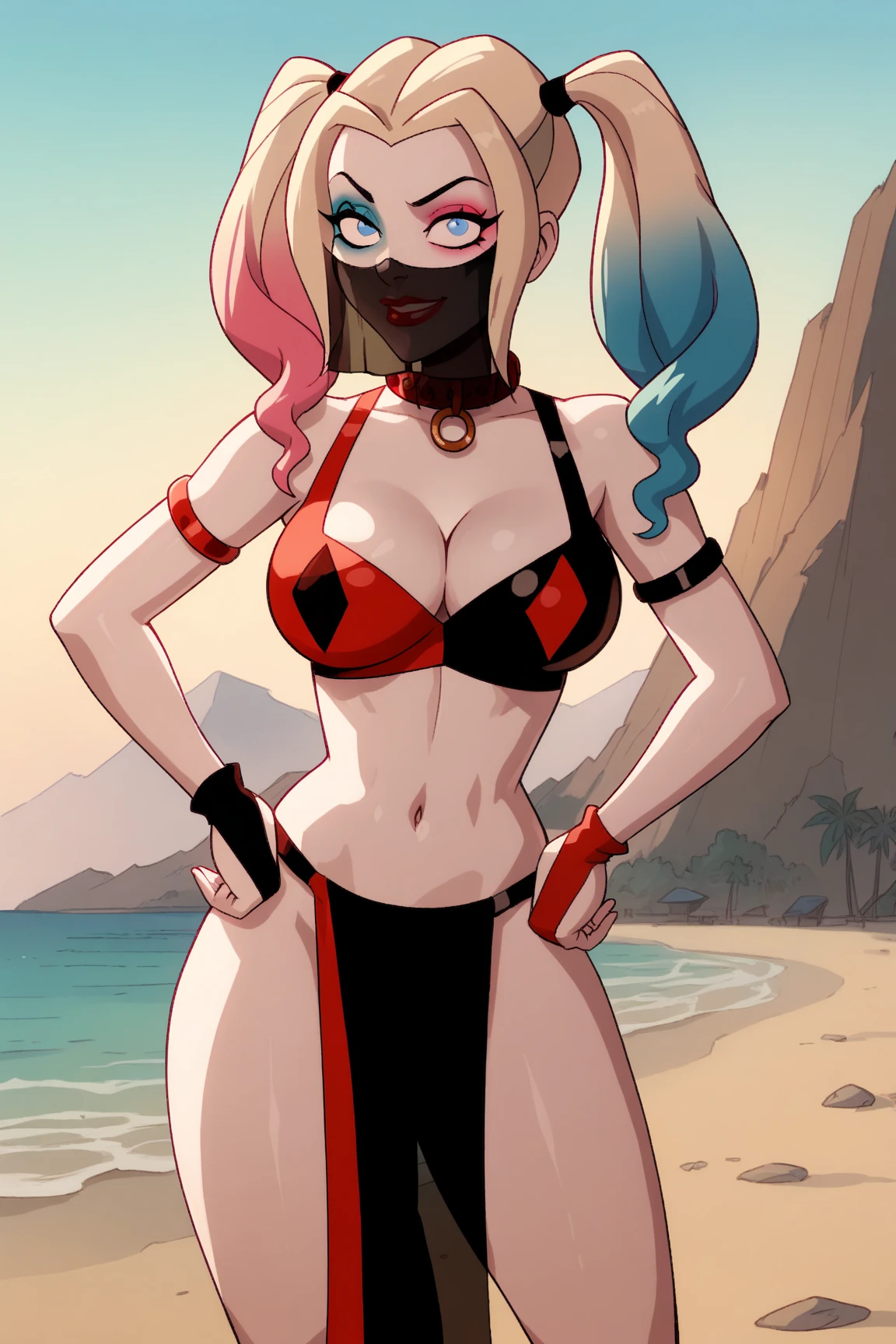((highest quality)), ((masterpiece)), (Familiar), (High resolution), Cinematic, (Complex:1.4), Best Shadow, Side lighting, 8k, ((Charlize Theron)), ((Doronjo)), Perfect Face, detailed, (Accurate hand and finger depiction), (Doronjo Mask), ((Skull Print Micro Bikini Swimsuit)), ((The mask has a big red D inscribed on the front.)), (Blonde long hair, Wet Hair), Beautiful long red nails, Deep Red Lipstick, (smile), Sweat, (Voluptuous body), (Large Breasts:1.2), Tight waist, (Big Ass:1.2), attractive, glamorous, ((Squatting by the pool:1.1)), ((Luxurious night pool)), (cowboy shot), An angle that emphasizes her big ass, ((Low angle view from directly behind:1.2))