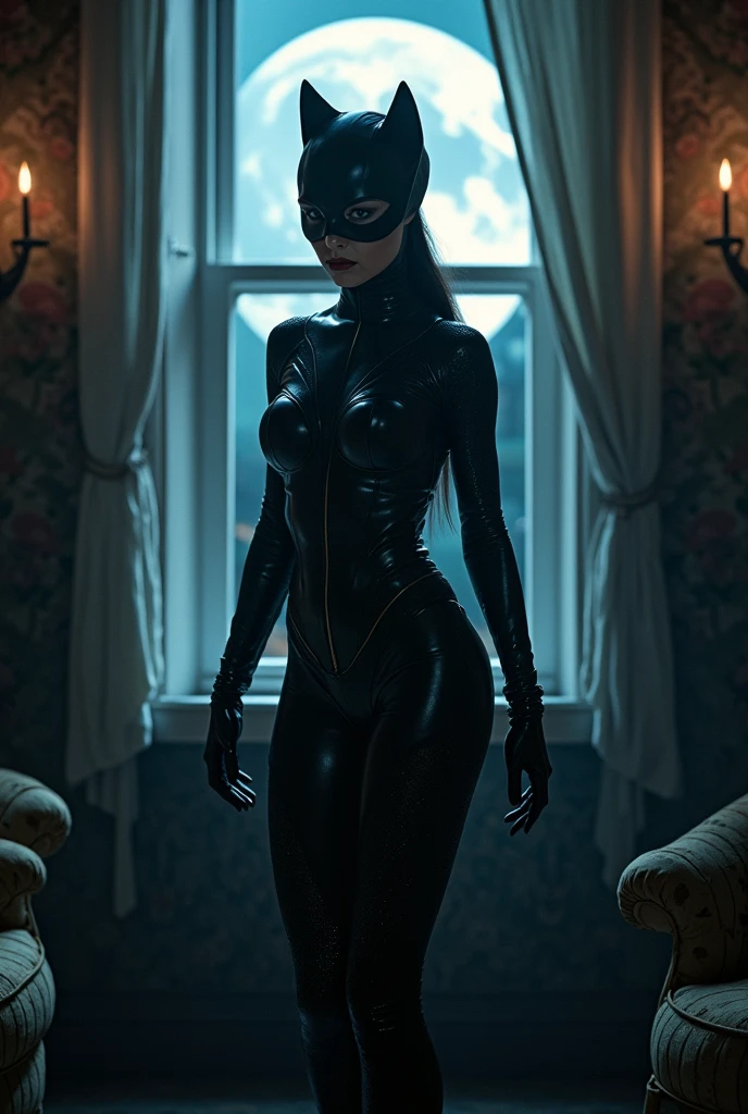 A skin tight intricate carbon catwoman catsuit, extremely detailed suit, micro-details, photorealism, one light, dark photo, deep shadows, shallow depth of field, photorealistic, Surrealism, high quality, masterpiece, 8k, 8k, super detail, full body portrait