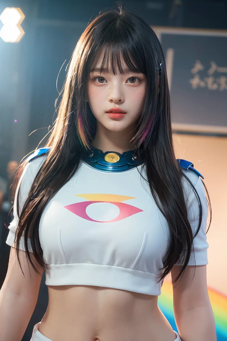 Realistic, masterpiece, best quality, colorful, (fine beautiful eyes and detailed face), natural lighting, extremely detailed CG Unity 8k wallpaper, ((masterpiece, best quality)), illustration, ultra-detailed 8K, realistic, clear focus, highly detailed, professional lighting, colorful details, rainbow colors BREAK factory super long shot, large mechanical robot build, microchip, computer, luminescence, intricate details, 1girl standing in front of the audience