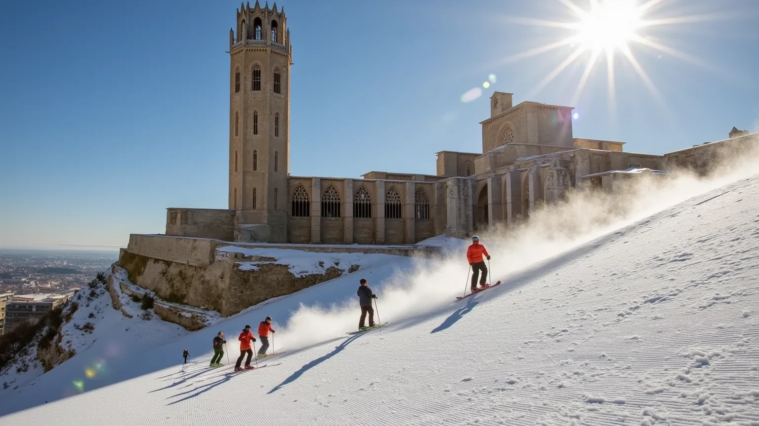 A grand, historic cathedral atop a snow-covered mountain, the mountain serving as a ski slope. Six skiers descend the slope in realistic detail, each performing unique movements, with snow spraying dynamically around them. The scene is cinematic and photorealistic, with a stunning clear sky and dramatic sunlight highlighting the mountain and cathedral. The architecture of the cathedral is rich with gothic elements, standing in contrast to the pristine white snow.