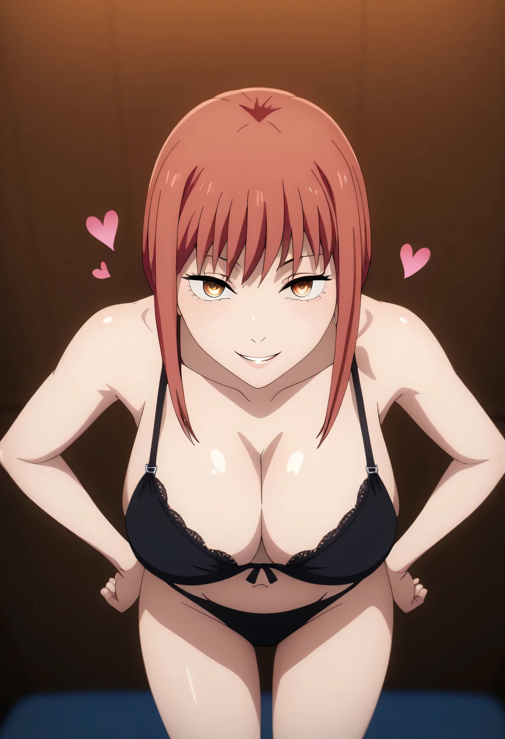 score_7_up, BREAK source_anime, 1girl, solo, breasts, looking at viewer, bangs, bedroom, yellow eyes, heart, red hair, parted lips, ringed eyes, CLEAVAGE, large breasts, black bra, black panties, overflowing bra, hands on hips, overflowing breasts, MakimaV4XL, looking at viewer, seductive smile, from above, detailed background, at night, bedroom, 