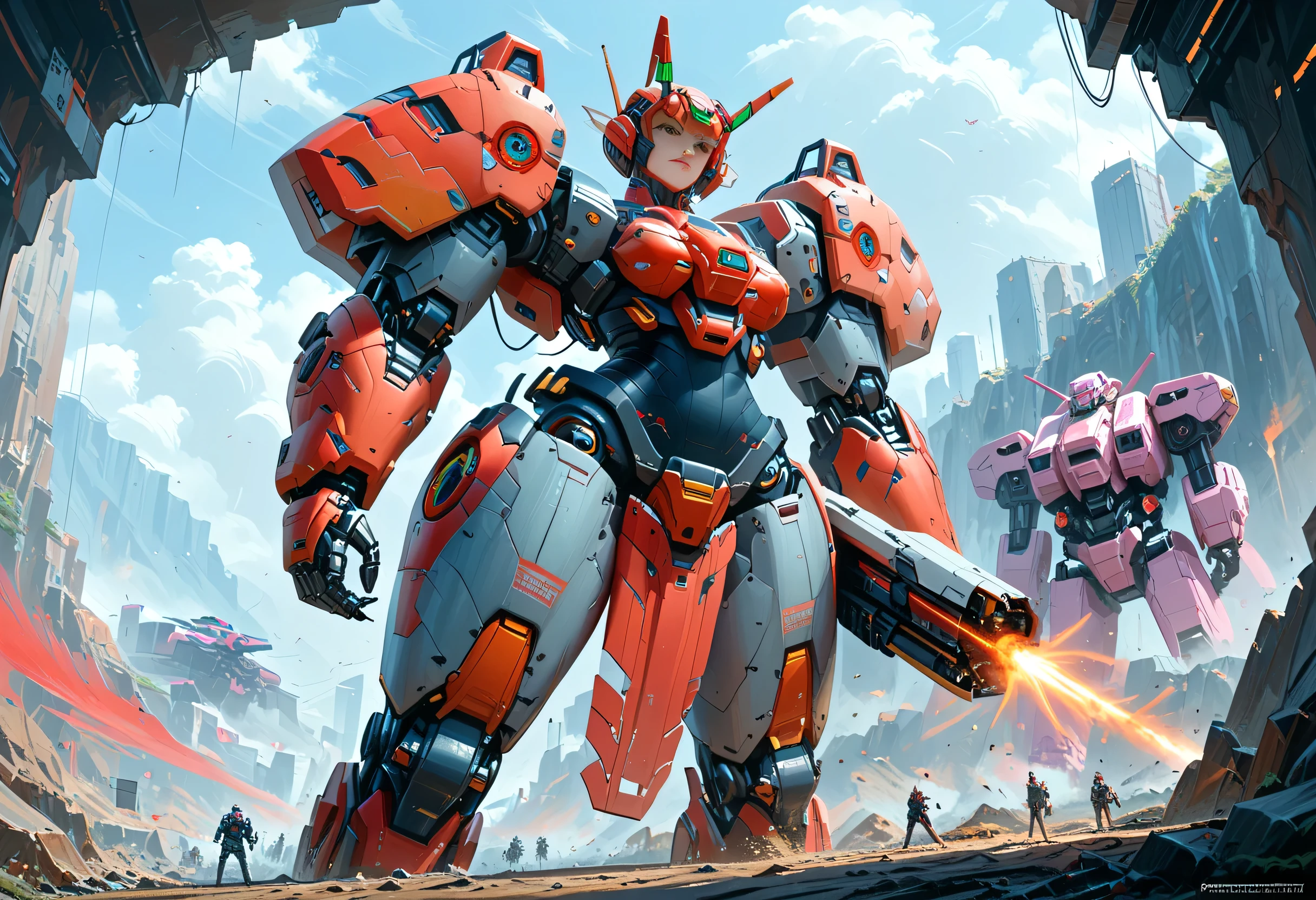 There's a woman standing in front of a giant robot, Female Mecha,  Mecha Cyber Armor Girl,  mechanized valkyrie girl ,  Cyberpunk Anime Girl Mech ,  Painting-like Humanoid Mecha , Vojtek Fuss, robot mixing with organic matter ,  Cyberpunk Robot Elf Queen ,  Cyberpunk's Angry Gorgeous Goddess  ,  Mechanical Soldier Girl , Anime Mecha Aesthetics 