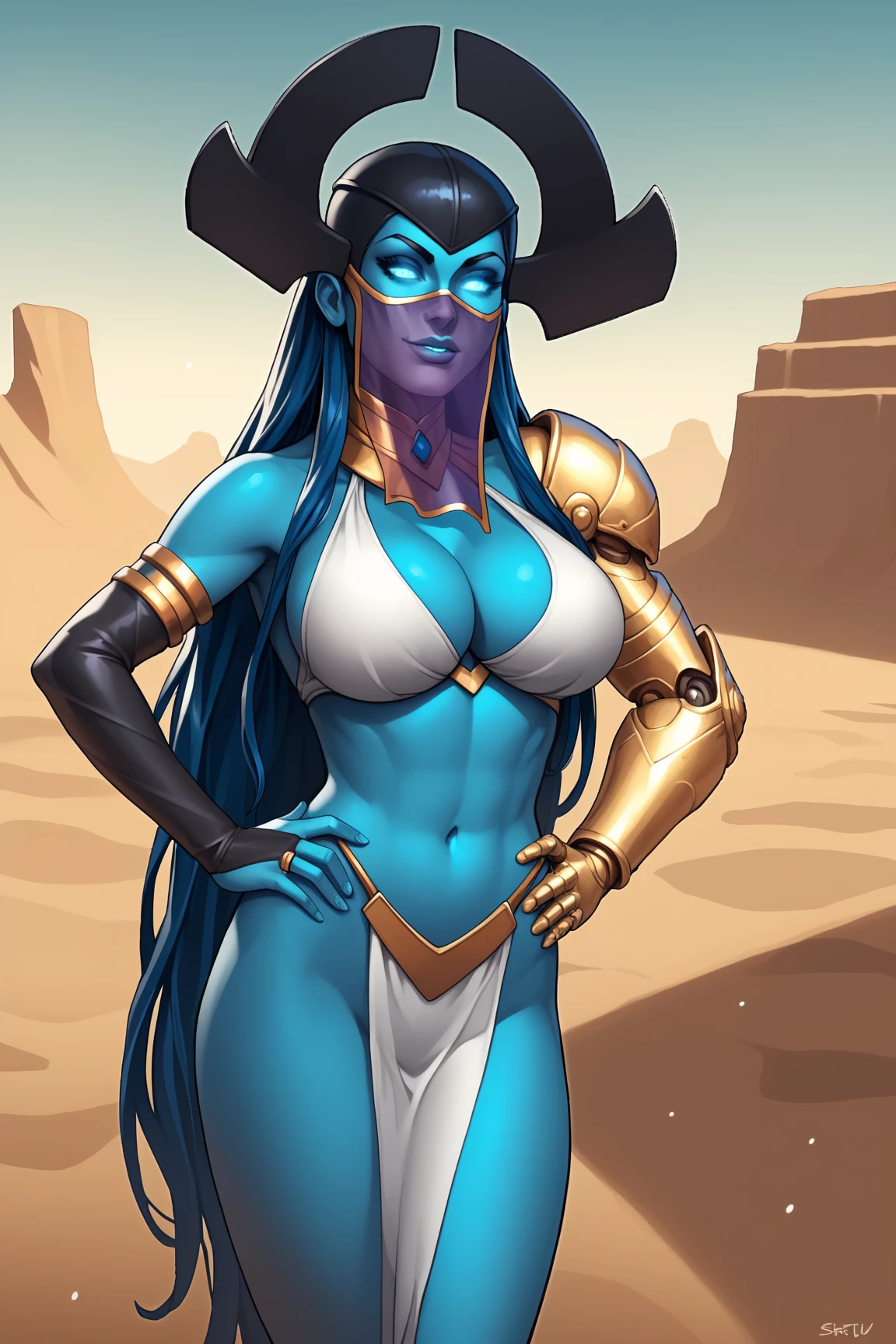 score_9, score_8_up, score_7_up, score_6_up, BREAK ProximaMidnightSDXL,1girl,long hair,blue eyes,very long hair,dark blue hair,blue skin,glowing eyes,single mechanical one arm, lips, ass, sand background, dunes, (Hourglass figure:1.2), grinning, sultry, sultry face, big breasts, cleavage, gilharem, mouth veil, bare shoulders, armlet, bridal gauntlets, dancer, usekh collar, pelvic curtain, hands on hips, she's looking at the camera with a calm smile,