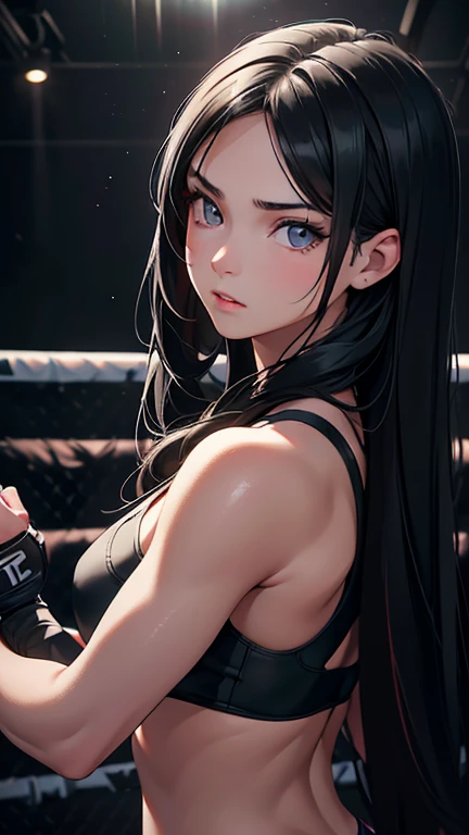 a young girl with long black hair, extremely detailed eyes and face, MMA fighter, in the Octagon, looking at spectator, ultra-detailed, realistic, photorealistic, photo-realistic, HDR, UHD, studio lighting, ultra-fine painting, sharp focus, physically-based rendering, extreme detail description, professional, vivid colors, bokeh, masterpiece