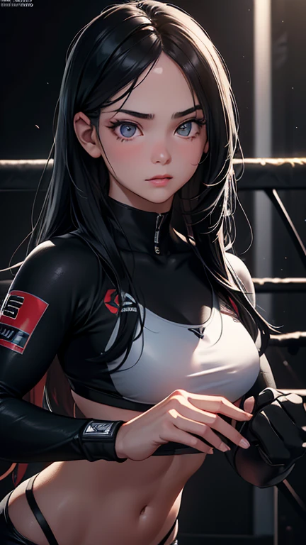 a young girl with long black hair, extremely detailed eyes and face, MMA fighter, in the Octagon, looking at spectator, ultra-detailed, realistic, photorealistic, photo-realistic, HDR, UHD, studio lighting, ultra-fine painting, sharp focus, physically-based rendering, extreme detail description, professional, vivid colors, bokeh, masterpiece