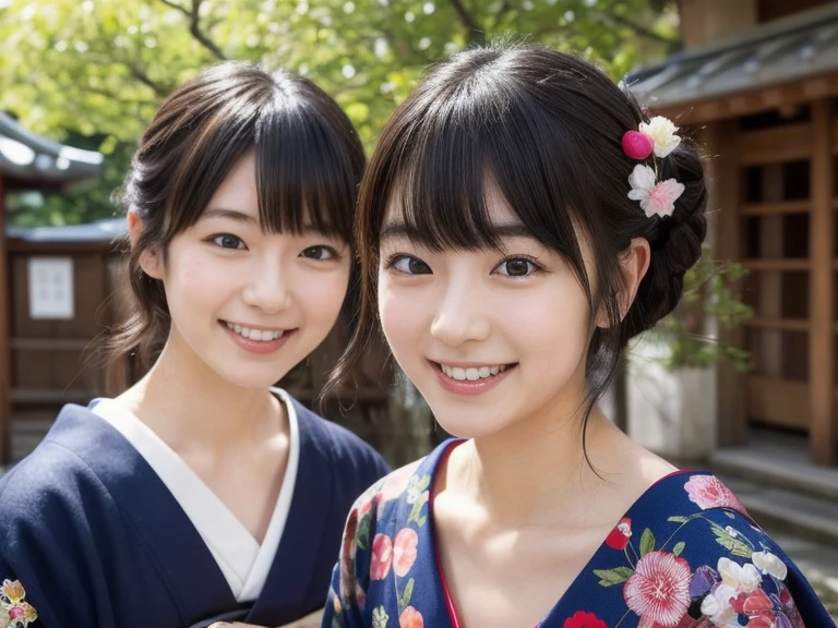 nsfw,Japan Person, 2girl with fun , japan famous idol, very young face, masterpiece, high quality, head tilt, taisho period, hakama,narrow shoulder width,looking at viewer, small face,leaning forward,laughter