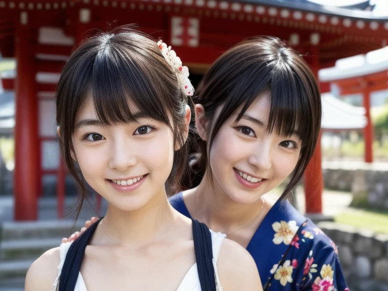 nsfw,Japan Person, 2girl with fun , japan famous idol, very young face, masterpiece, high quality, head tilt, taisho period, hakama,narrow shoulder width,looking at viewer, small face,leaning forward,laughter