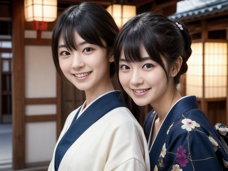 nsfw,Japan Person, 2girl with fun , japan famous idol, very young face, masterpiece, high quality, head tilt, taisho period, hakama,narrow shoulder width,looking at viewer, small face,leaning forward,laughter