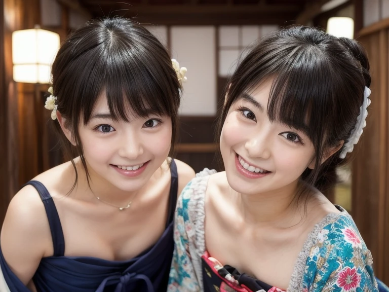 nsfw,Japan Person, 2girl with fun , japan famous idol, very young face, masterpiece, high quality, head tilt, taisho period, hakama,narrow shoulder width,looking at viewer, small face,leaning forward,laughter