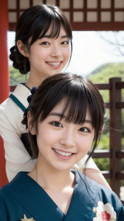 nsfw,Japan Person, 2girl with fun , japan famous idol, very young face, masterpiece, high quality, head tilt, taisho period, hakama,narrow shoulder width,looking at viewer, small face,leaning forward,laughter