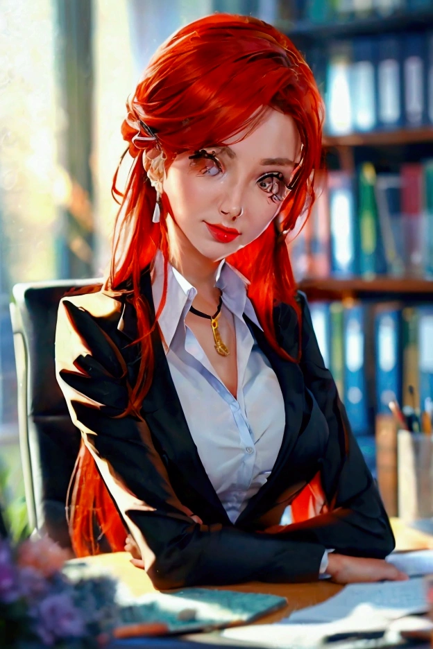 Professora, Ruiva, Fogo, 8k, fotorrealista, altamente detalhado,