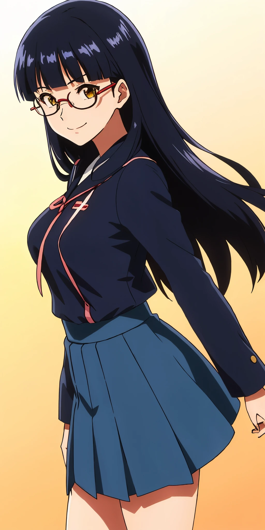 Young woman drawn in 80’s anime art style. 
Retro anime. Vintage Anime. Classical Anime. 
Black Blue HAIR
Large Hime Cut Hair
(Round Glasses)
(Round and Circle eyes)
(Yellow eyes)
(Medium Sized Eyebrows)
(Light Tan Woman)
(Medium Breast)
Seductive Smile

She is wearing a sailor fuku (セーラー服, sērā fuku, sailor outfit) is a common style of uniform worn by women, traditionally by high school female students. 

The uniform generally consists of a blouse attached with a navy blue sailor-style collar and a Dark Navy Blue Sailor Blouse. The length of the long skirt goes down past her ankle.

A ribbon is tied in the front and laced through a loop attached to the blouse. The color is the ribbon is red.

(Dark Navy Blue Sailor Shirt)
(Dark Navy Pleated Skirt)

(Solo)
Location: High School 