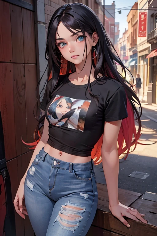 A pretty girl, 20 year old, black t-shirt, long hair, casual style jeans, detailed face, beautiful eyes, cute expression, natural lighting, photorealistic, highly detailed, digital painting, concept art, vibrant colors, warm color palette, cinematic composition