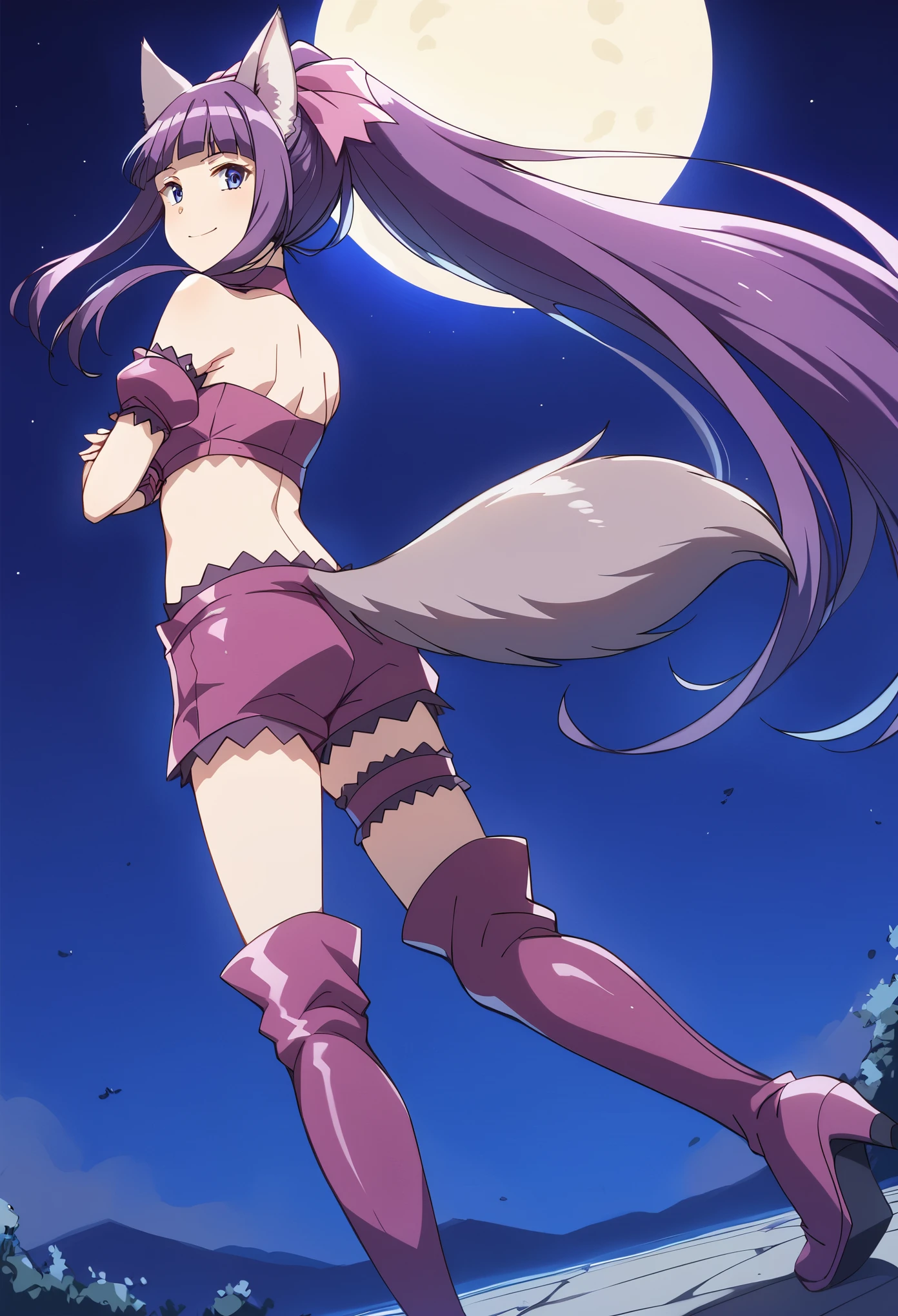 (remover censura), ((((sensuous))), best qualityer, masterprice, 1girl, (独奏: 1.1), raytracing, ultra detaild, face detailed, 8 k wallpaper, breasts big, ssmile,fangs, Broad Hips, plein-air, standing, plein-air, DeltaNDV, long hair, animal ears, purples eyes, bangss , wolf's ears, gazing at viewer, wolf tail, overalls, sexy clothes, へそ, facing the front, (fangs, curved, struggling pose, standing on all fours:),
