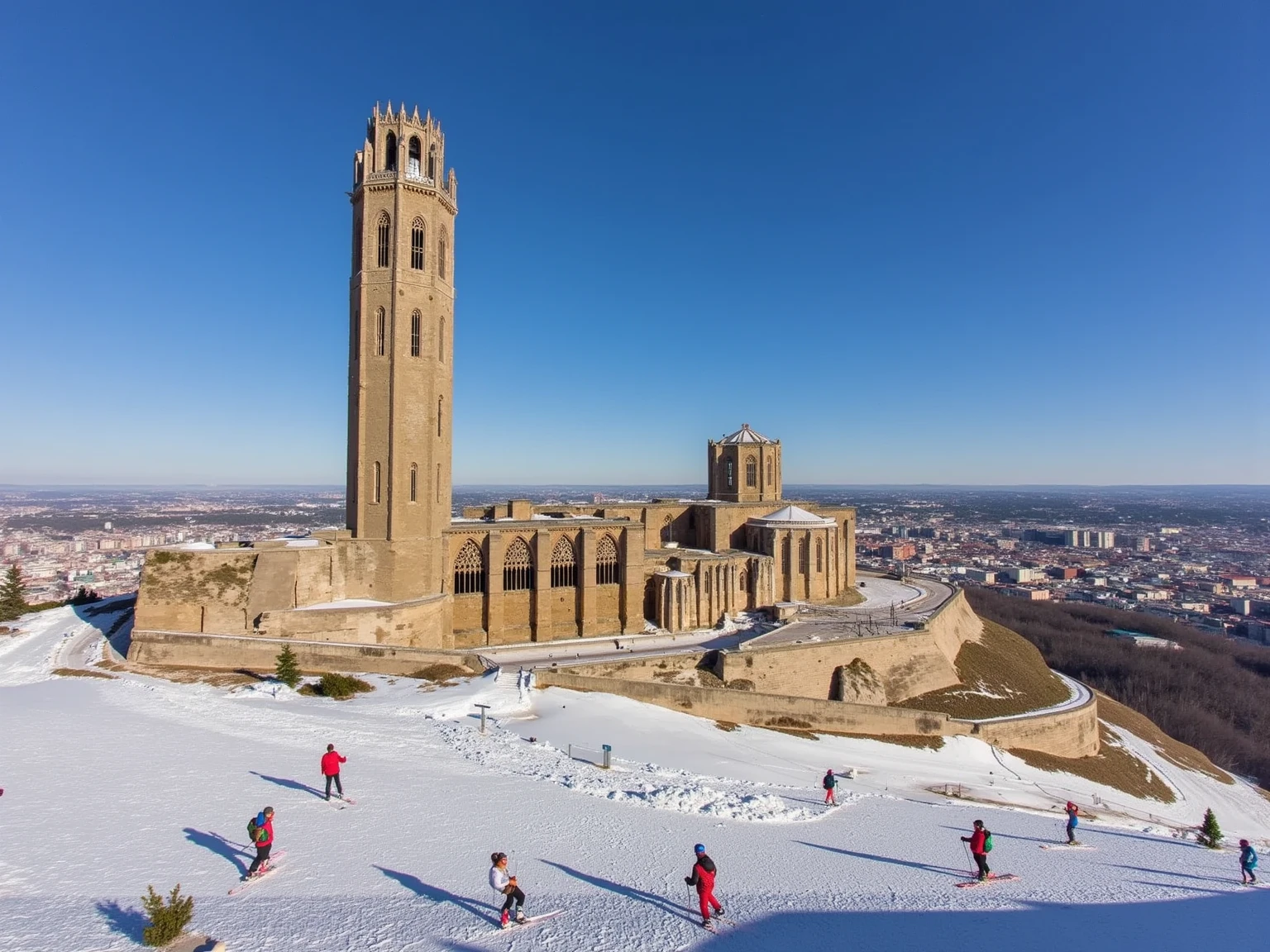 An awe-inspiring view of a grand cathedral situated on a snow-covered mountain peak, overlooking a busy ski slope. Six highly detailed skiers are descending the slopes, their movements realistic and dynamic, leaving trails in the snow. The architecture of the cathedral is intricate and photorealistic, illuminated by warm sunlight on a perfect blue-sky day. A sense of cinematic wonder and realism permeates the scene.