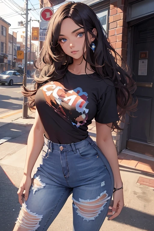 A pretty girl, 20 year old, black t-shirt, long hair, casual style jeans, detailed face, beautiful eyes, cute expression, natural lighting, photorealistic, highly detailed, digital painting, concept art, vibrant colors, warm color palette, cinematic composition