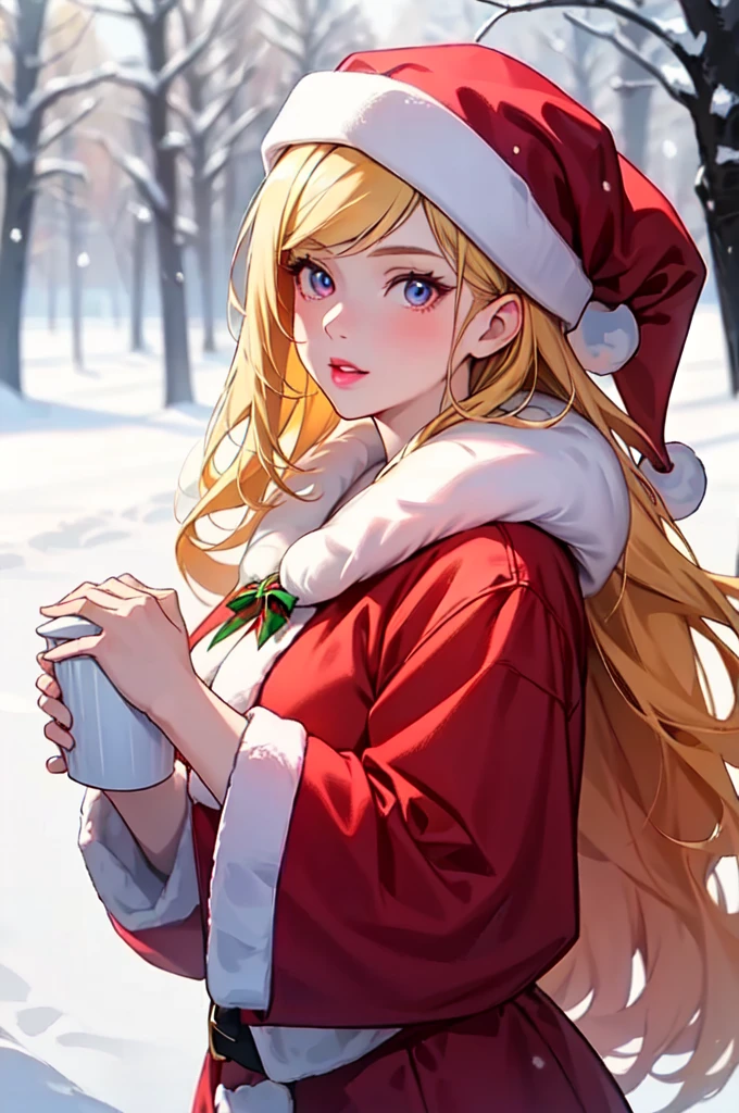 woman(blonde, pale skin, pink lips, santa fur coat, santa hat), masterpiece, best quality, outdoors, snow, snowfall, winter