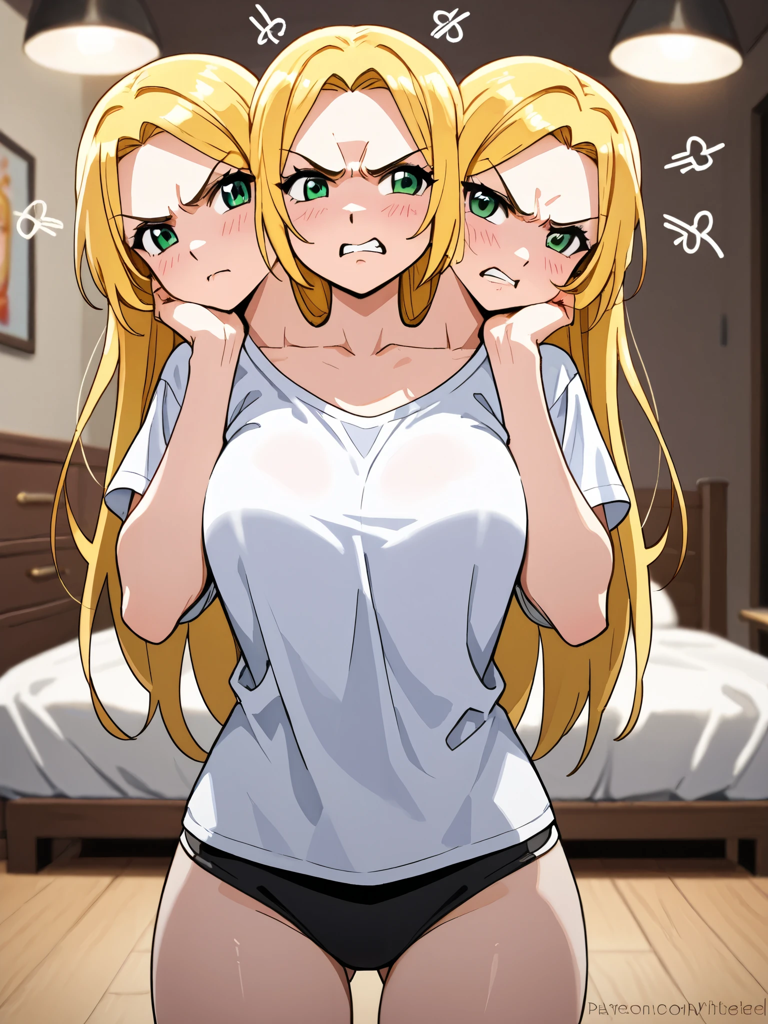 anime girl with three heads, conjoined, blonde hair, green eyes, angry, frustrated, fighting with herself, arguing, tugging in different directions, pushing against herself, hands against own cheeks, white t-shirt, bedroom