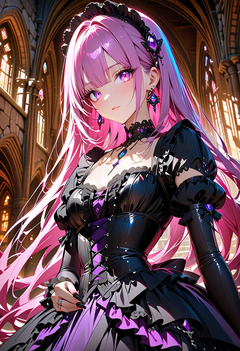 1 girl, ((beautiful girl in Lolita fashion: 1.4)), attractive face, elegant, gorgeous, (gothic lolita dresses, choker, earrings, rings, jewelry), luxurious, detailed beautiful face, (shiny hair, long hair), glowing eyes, light reflecting in the eyes. (finely detailed beautiful eyes: 1.2), double eyelids, (eyelash: 1.2), (eye shadow: 1.2), at a medieval european castle, (cowboy shot, from front, face focus), deep depth of field, stunning, fascinating, enchanting, cinematic lighting, cinematic composition, anime style, vibrant colors, thin lines, dreamlike, absurdres, highres, masterpiece, best quality, newest, very aesthetic, ultra quality, high detailed, anatomically correct, perfect hands, (anime art style),