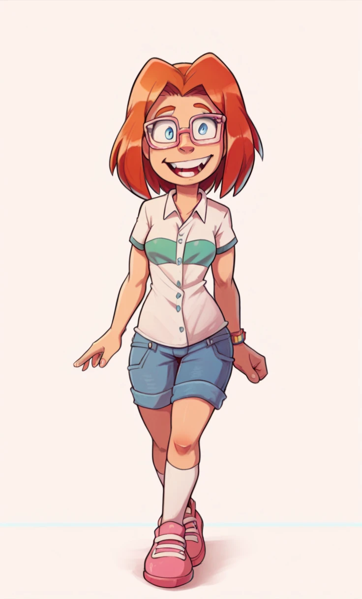 1girl, solo, SUMMERCHAPMAN, red hair, blue eyes, glasses, shirt, denim shorts, white socks, pink footwear, full body, Walking, Taking, Crazy Talk, Goofy Eyes, ((School))