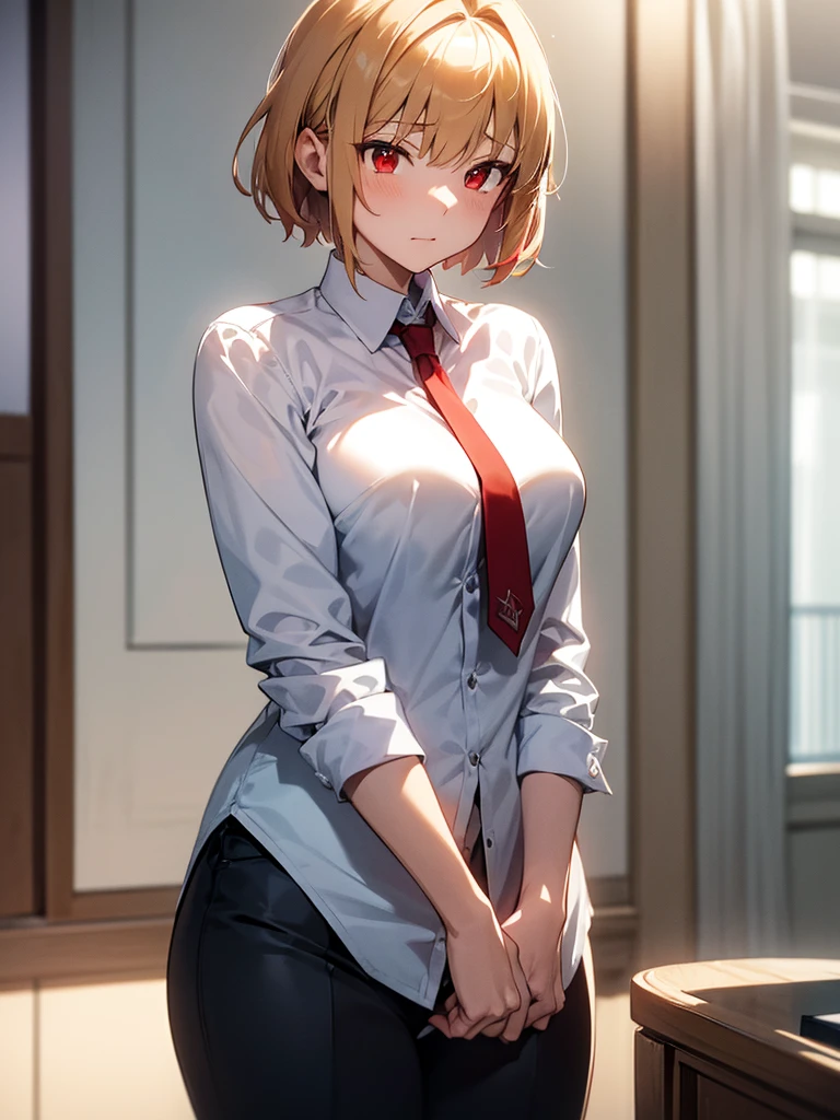 (​masterpiece, top-quality, hight resolution, Unity 8k, extremely details CG:1, Best Picture), arcueid brunestud, blonde hair, (red eyes:1.5), short hair, ahoge, (solo, 1girl), Scene depicts a caring senior female employee wearing a suit, shirt and trousers. She is at a hotel to help a junior male graduate from his virginity. Her expression is warm and understanding and she gently speaks and invites him to ‘fuck me as many times as you want as long as you wear a condom’. The scene depicts the contrast with the intimate and emotional moment and shows her comforting him.