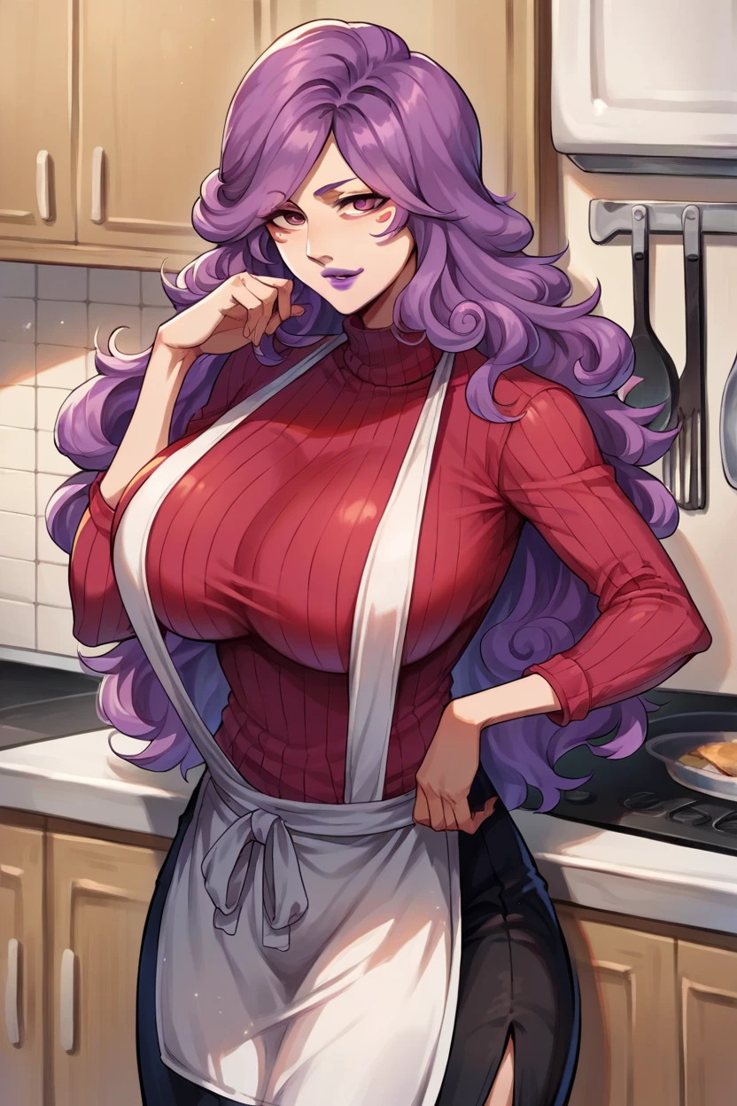 score_9, score_8_up, score_7_up, score_6_up, source_anime BREAK 1girl, solo  hikifune kirio, purple hair, wavy hair, facial marks, purple lipstick, large breasts, turtleneck, ribbed sweater, pencil skirt, apron, kitchen, smile, looking at you, sling swimsuit
