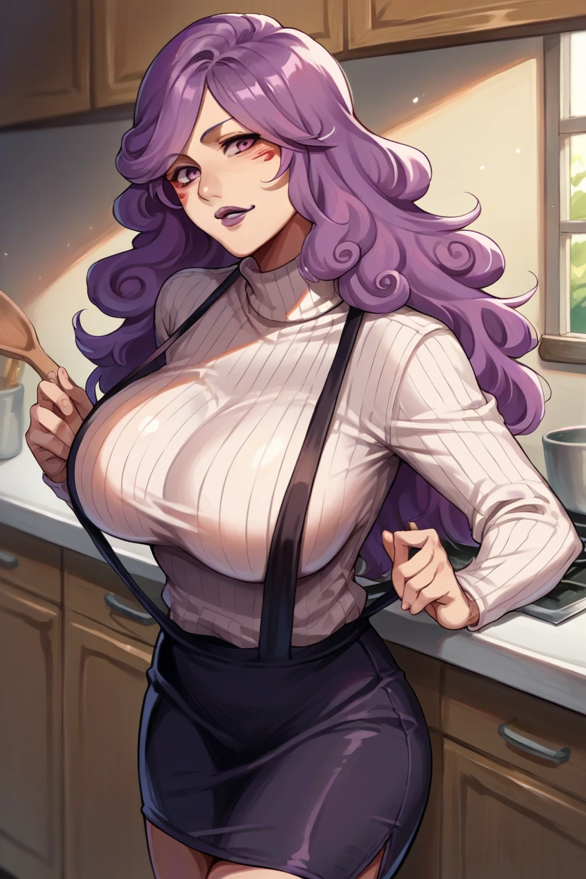 score_9, score_8_up, score_7_up, score_6_up, source_anime BREAK 1girl, solo  hikifune kirio, purple hair, wavy hair, facial marks, purple lipstick, large breasts, turtleneck, ribbed sweater, pencil skirt, apron, kitchen, smile, looking at you, sling swimsuit
