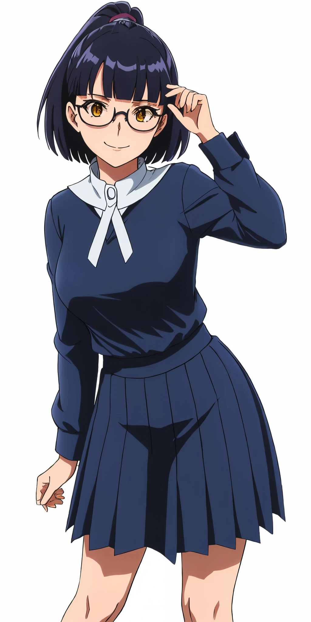 Young woman drawn in 80’s anime art style. 
Retro anime. Vintage Anime. Classical Anime. 
Black Blue HAIR
Large Hime Cut Hair
(Round Glasses)
(Round and Circle eyes)
(Yellow eyes)
(Medium Sized Eyebrows)
(Light Tan Woman)
(Medium Breast)
Seductive Smile

She is wearing a sailor fuku (セーラー服, sērā fuku, sailor outfit) is a common style of uniform worn by women, traditionally by high school female students. 

The uniform generally consists of a blouse attached with a navy blue sailor-style collar and a Dark Navy Blue Sailor Blouse. The length of the long skirt goes down past her ankle.

A ribbon is tied in the front and laced through a loop attached to the blouse. The color is the ribbon is red.

(Dark Navy Blue Sailor Shirt)
(Dark Navy Pleated Skirt)

(Solo)
Location: High School 