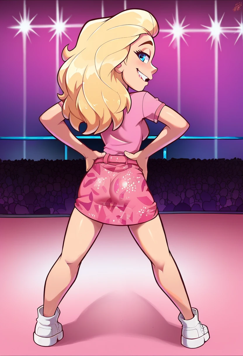 1girl, solo, JAYDAWENGER, long hair, blonde hair, blue eyes, pink shirt, skirt, white footwear, full body, looking at viewer, crass girl, bad girl, naughty face, ((concert)), back view, hands on hips, butt shaking left to right, gyrating, open legs, spread legs, looking back high quality, highres, masterpiece, Pink Background