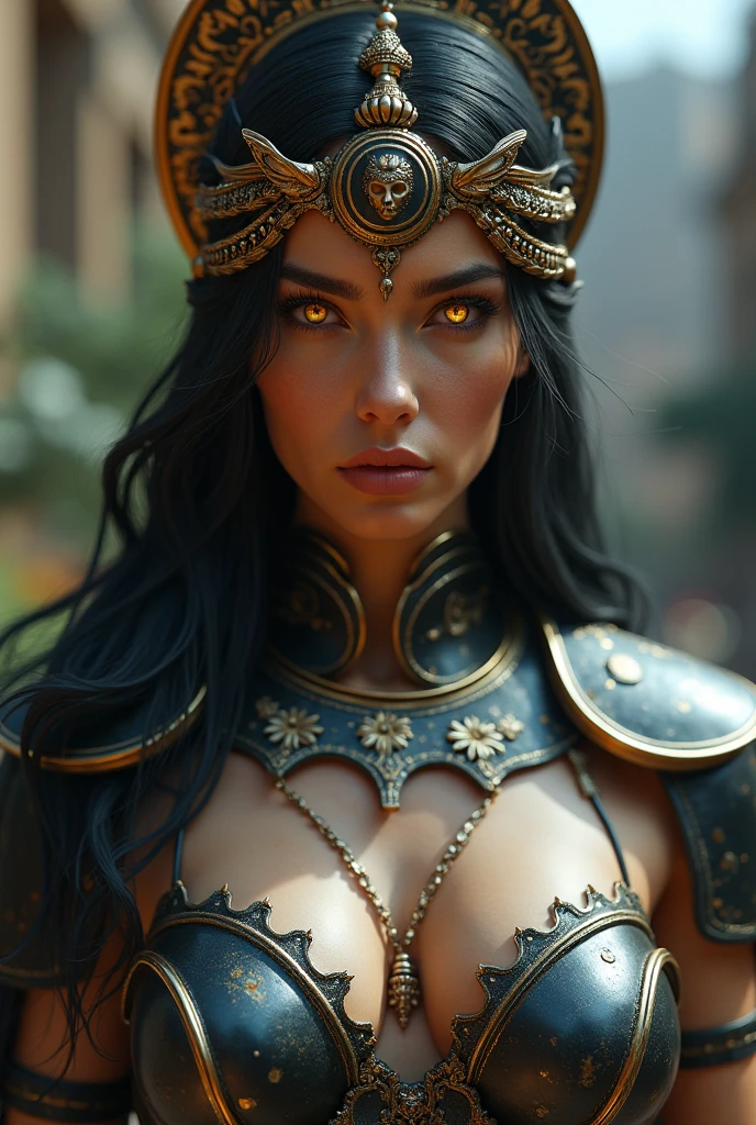 A beautiful, powerful spartan warrior woman with expressive eyes, a perfect face, and highly detailed features, wearing a dark, dramatic fantasy-inspired outfit with black and gold accents, deep cleavage, and a massive bust, set against a dramatic, gloomy foggy night,