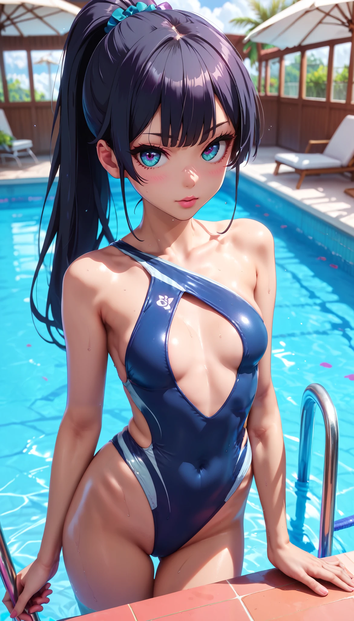 (masterpiece, Highest quality, Very detailed, High resolution, Detailed eyes), takeda hiromitsu style, throw, (1 Female) (30 years old), {High leg black competitive swimsuit}, slim body, small Breasts, thin black hair, long thin ponytail, teacher, Big eyes, View your viewers, Cowboy Shot, Are standing, ((Erotic passion)), poolside