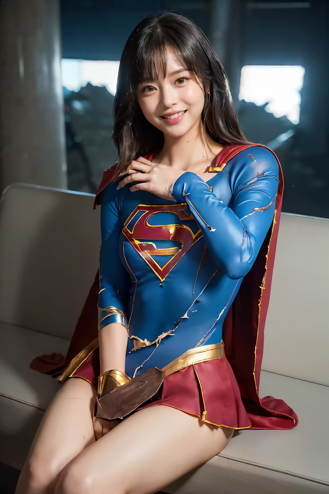 no background、short hair、supergirl costume、Snug costume、(((stretch your legs、tall、Legally express the beauty of your smile)))、((((Get the most out of your original images)))、(((supergirl costume、torn、Tattered、being destroyed)))、(((beautiful hair)))、(((I&#39;m in pain)))、(((Legs must be worn with black tights)))、(((must wear red boots、being destroyed)))、((Highest image quality、8K))、((highest quality、8K、masterpiece:1.3))、(((keep background )))、clear focus:1.2、beautiful woman with perfect figure:1.4、Full of scars、bloody、、slender abs:1.2、wet body:1.5、Highly detailed face and skin texture、8K