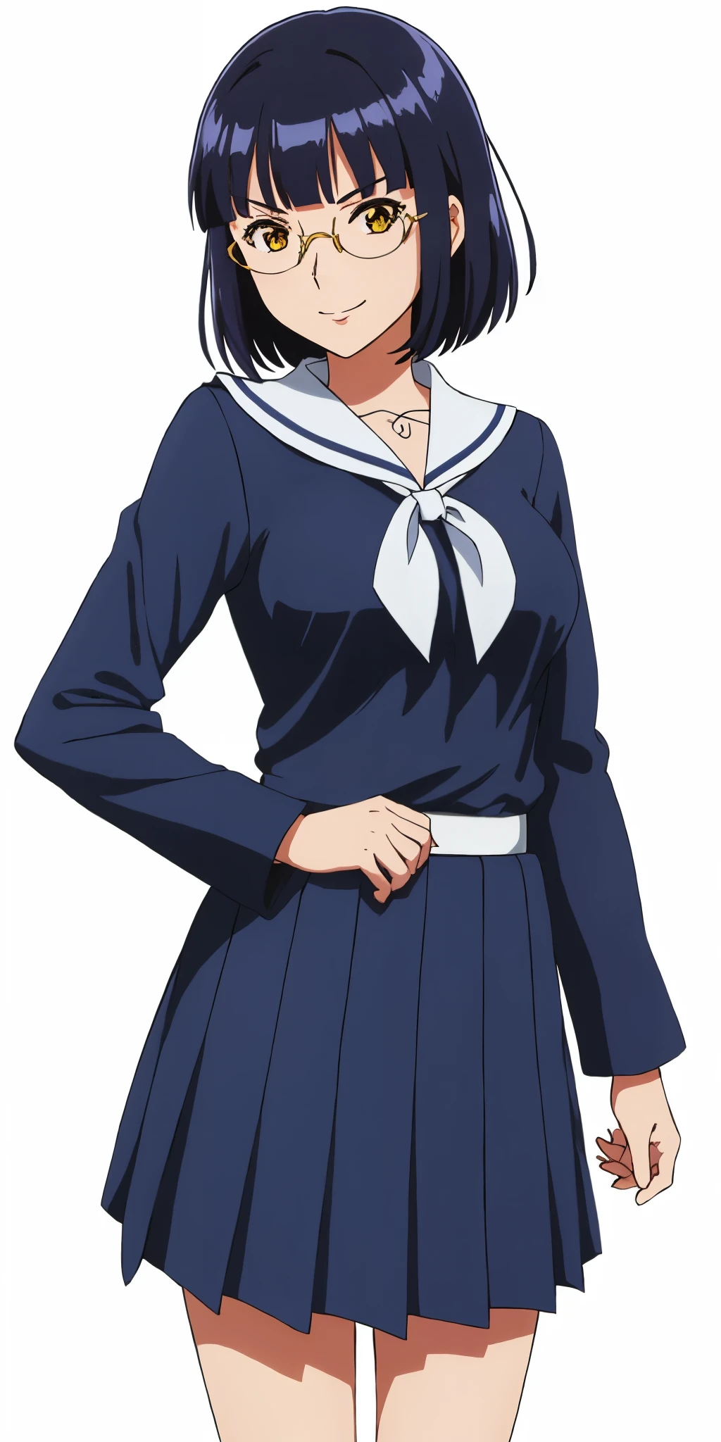 Young woman drawn in 80’s anime art style. 
Retro anime. Vintage Anime. Classical Anime. 
Black Blue HAIR
Top Knot Hime Cut Hair
(Round Glasses)
(Round and Circle eyes)
(Yellow eyes)
(Medium Sized Eyebrows)
(Light Tan Woman)
(Medium Breast)
Seductive Smile

She is wearing a sailor fuku (セーラー服, sērā fuku, sailor outfit) is a common style of uniform worn by women, traditionally by high school female students. 

The uniform generally consists of a blouse attached with a navy blue sailor-style collar and a Dark Navy Blue Sailor Blouse. The length of the long skirt goes down past her ankle.

A ribbon is tied in the front and laced through a loop attached to the blouse. The color is the ribbon is red.

(Dark Navy Blue Sailor Shirt)
(Dark Navy Pleated Skirt)

(Solo)
Location: High School 