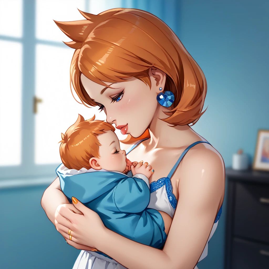 highly detailed, (duo focus), highres, 1woman, 1baby, BREAK, 1woman, Misty_G2, orange hair, gold wedding ring, ring on ring finger, blue teardrop earrings, blouse, holding baby, BREAK, 1baby, black hair, baby black hair, mother with baby, baby carry, swaddled, kiss to forehead,