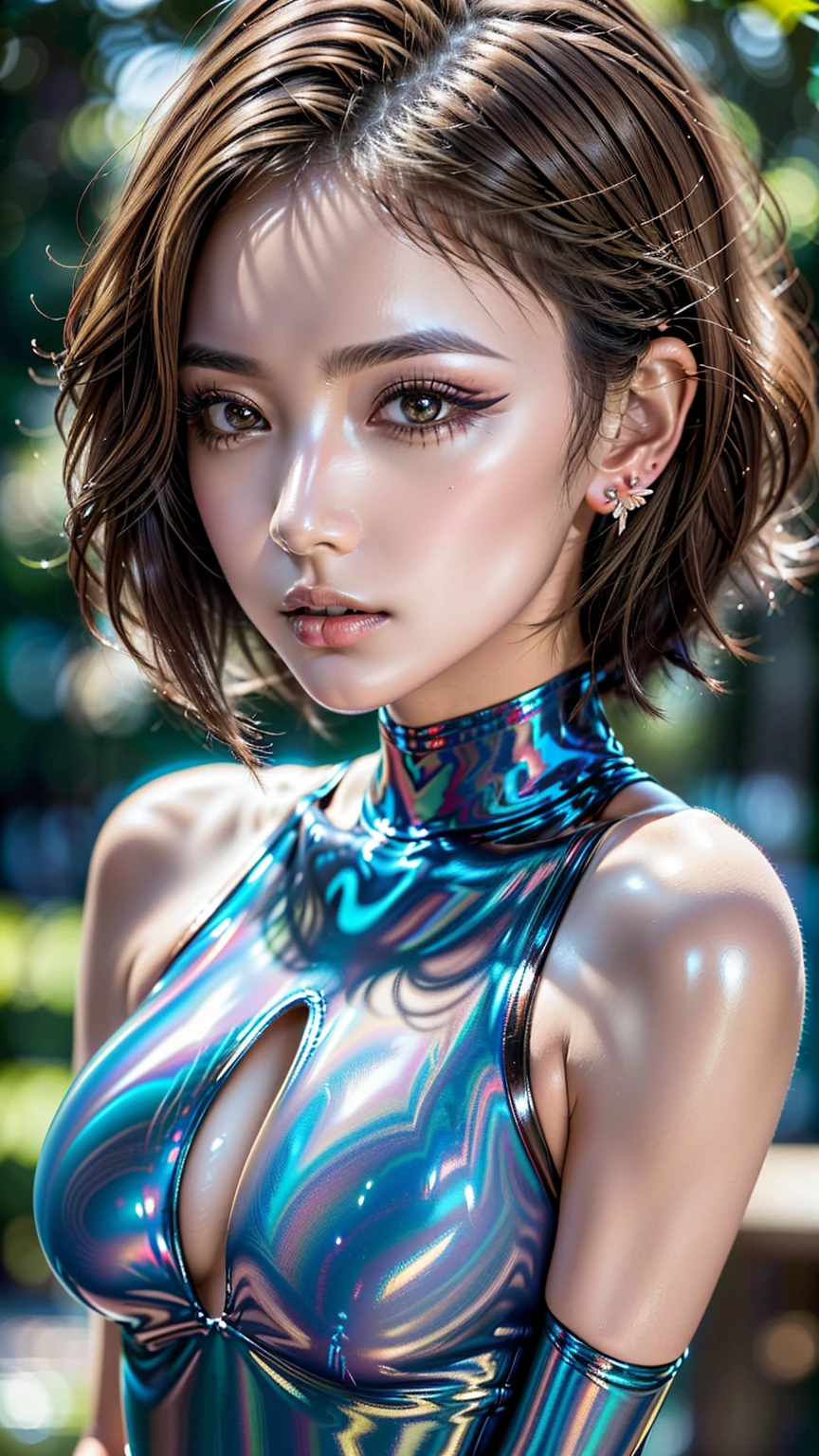 photorealistic Realism 8K, 16K Quality, (ultra absurd quality, extremely detailed detail, hyper resolution, clear sharp focus, not blurry, (Realistic brown_eyes:1.35)), ((perfect dark_eyeshadows:1.45)), (super Detailed, beautiful little nose:1.2), (perfect composition), Depth of field, cinematic light, Lens flare, (extremely beautiful face, beautiful lips , Beautiful eyes), Intricate detail face, best high quality real texture skin:1.3, A woman with velvety skin:1.33), ((best high quality real texture hair)), (short blonde hair, (wavy, combed up, behind the ear), extremely detailed:1.38)), photo of the most beautiful artwork in the world, professional majestic (photography by Steve McCurry), 8k uhd, dslr, soft lighting, high quality, Fujifilm XT3 sharp focus, f 5.6, dramatic, (Anatomically correct perfect proportions), ((perfect hands:1.2)), (Super beautiful face: 1.33), ((perfect female body:1.4)), cute girl, ((firm and full breasts)), (the most absurd quality perfect eyes:1.35), ((super beautiful cute sharp-face)), (light pale complexion), transparent color pvc (Super Shiny golden Transparent Holographic Full Bodysuit:1.3) , Ultra-tight fit bodysuit with super reflective surfaces, ((Upper body shot)),