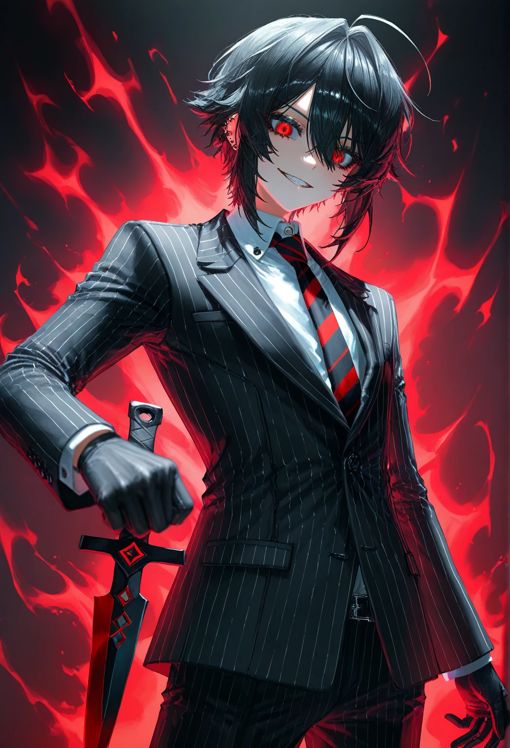 quasarcake, masterpiece, best quality, 1boy,The character has black hair with a striking red streak.
Piercing red eyes that convey a sinister or powerful aura.
Wears a black suit, white shirt, and a red-and-black striped tie.
One hand is gloved in black and holds a sharp knife.
The wide smile and intense gaze give off a menacing or mischievous vibe.
