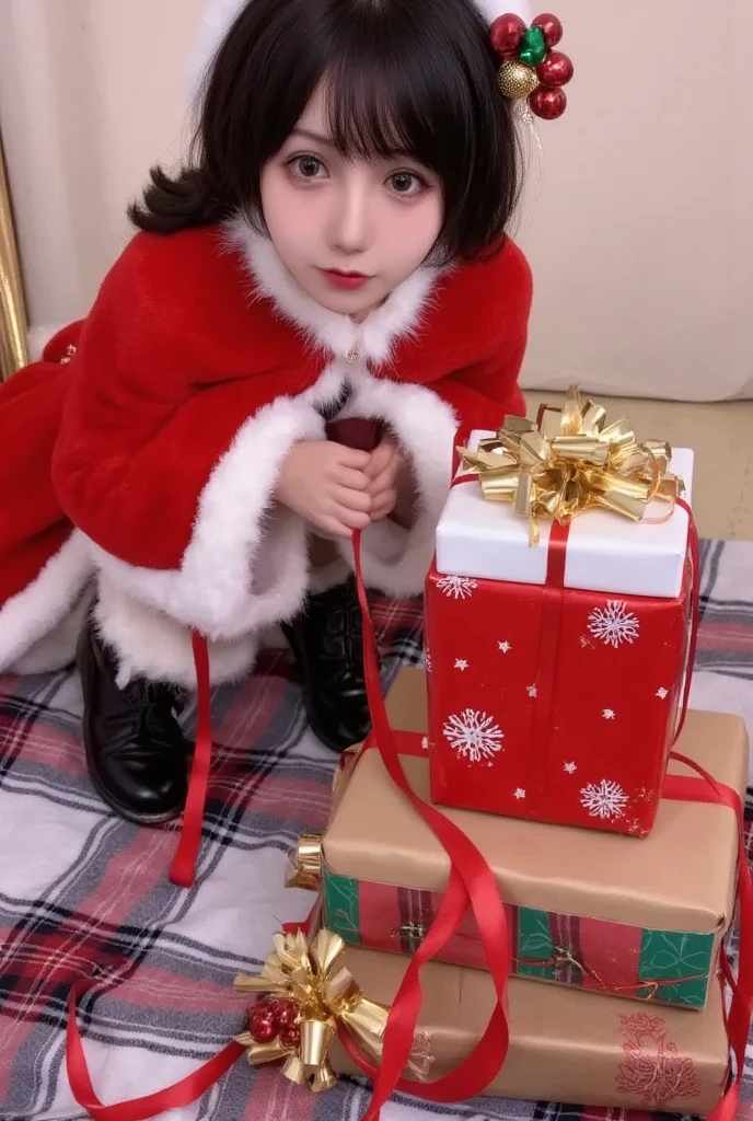 Crouching on a checkered blanket spread out on the floor, an Asian girl with sparkling eyes and shoulder-length black hair peeks over a stack of wrapped gifts, her fur-trimmed red cape draping dramatically over the presents. She wears a Santa dress that ends just above her knees, revealing her thighs and zettai ryouiki. With one hand, she reaches for a ribbon, while the other holds a half-unwrapped gift, suggesting a moment of surprise. The photographer captures her from a low angle, creating a sense of anticipation and delight in the composition.