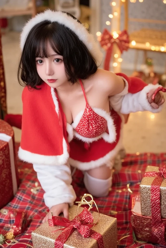 Crouching on a checkered blanket spread out on the floor, an Asian girl with sparkling eyes and shoulder-length black hair peeks over a stack of wrapped gifts, her fur-trimmed red cape draping dramatically over the presents. She wears a Santa dress that ends just above her knees, revealing her thighs and zettai ryouiki. With one hand, she reaches for a ribbon, while the other holds a half-unwrapped gift, suggesting a moment of surprise. The photographer captures her from a low angle, creating a sense of anticipation and delight in the composition.