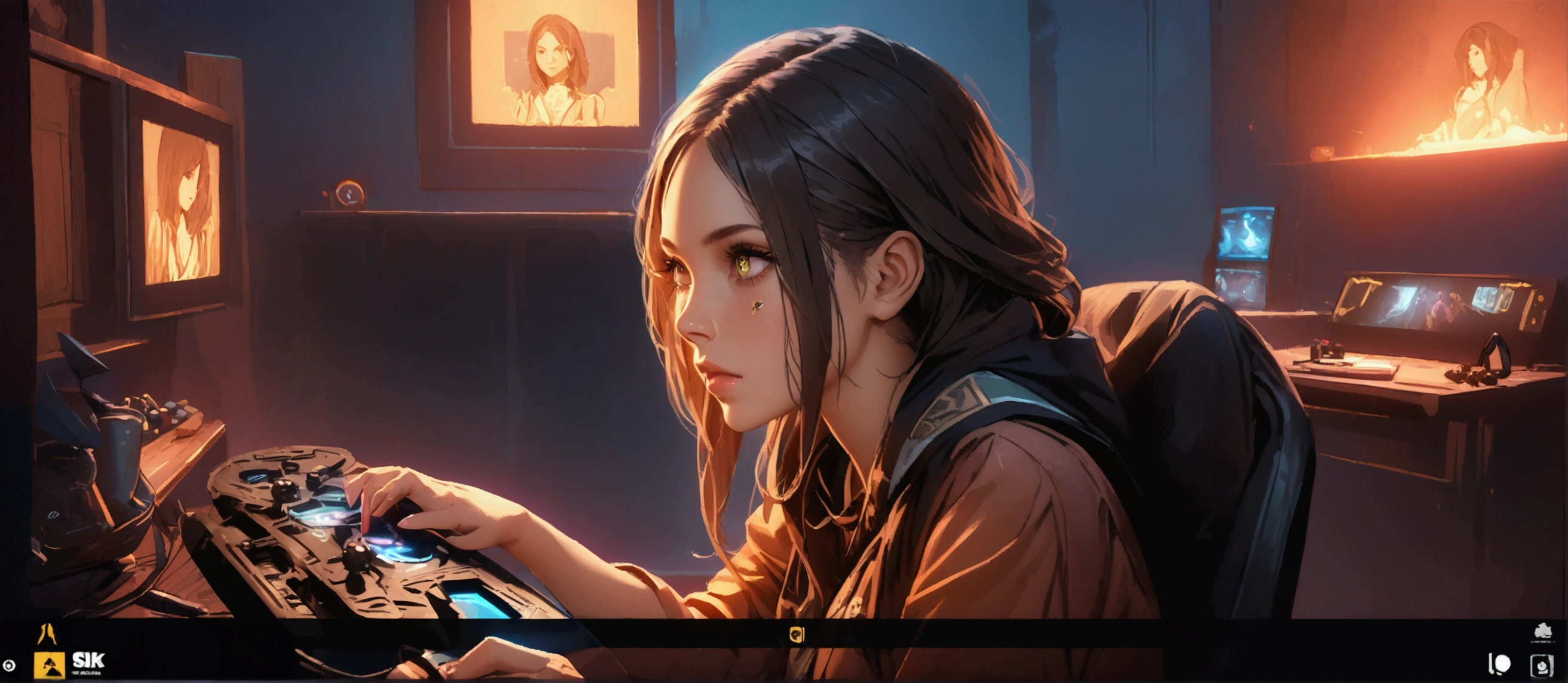 a highly detailed portrait of a girl playing a video game, beautiful detailed eyes, beautiful detailed lips, extremely detailed eyes and face, long eyelashes, sitting on a chair, holding a gamepad, intense concentration on her face, interior room setting with desk and gaming equipment, cinematic lighting, warm color tones, digital art, concept art, photorealistic, 8k, best quality, masterpiece