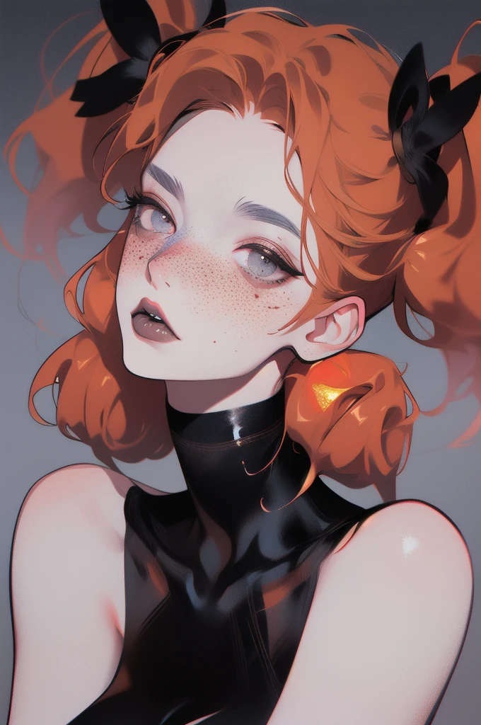 curvy, goth, fishnets, large breasts, uneven twintails, y3ll0wblu3, glowing, portrait, freckles, long hair, ginger hair, grey eyes, freckles, chubby Fr3ckles,