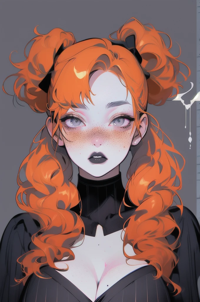 curvy, goth, fishnets, large breasts, uneven twintails, y3ll0wblu3, glowing, portrait, freckles, long hair, ginger hair, grey eyes, freckles, chubby Fr3ckles,