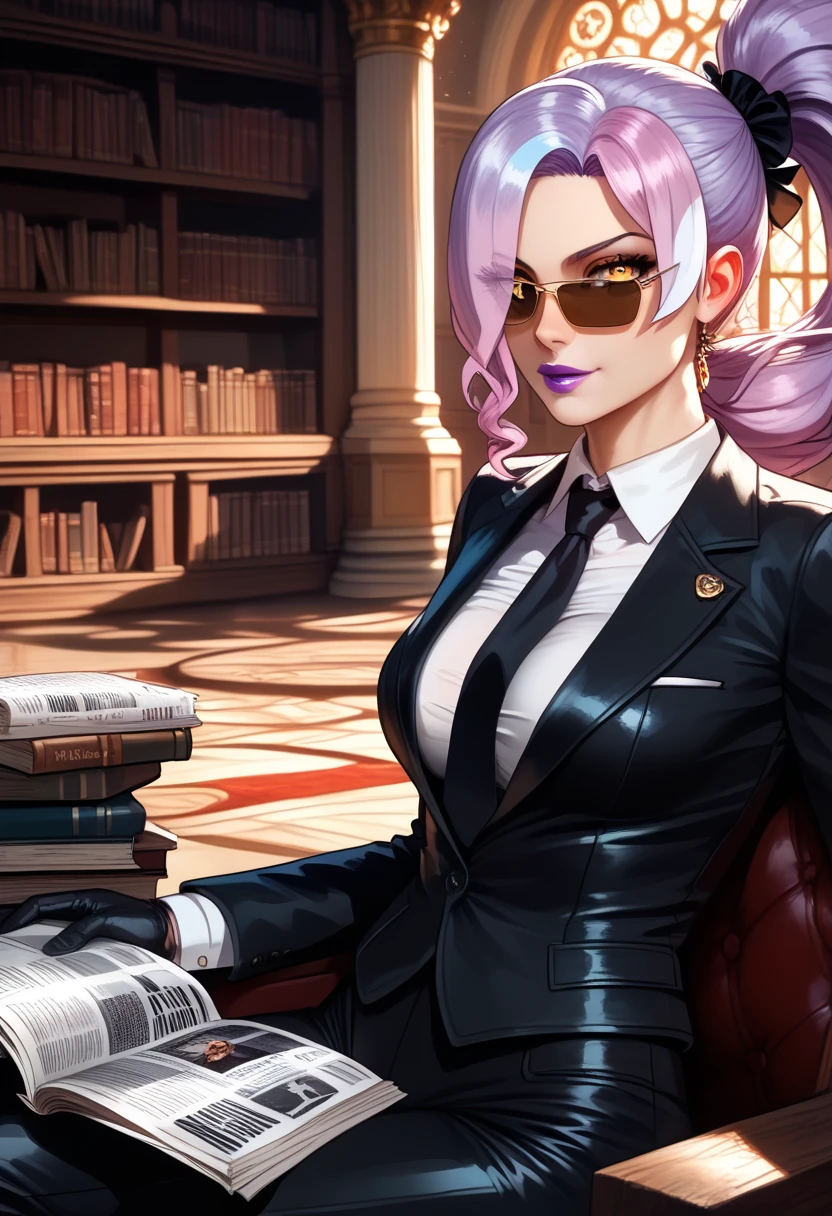 A powerful and authoritative woman, dressed in a purple suit, representing the ENTJ (Commander) MBTI personality type. She is depicted with an intense and furious expression, showing strong anger. Her posture and body language are assertive and commanding, emphasizing her leadership qualities. The background should be dramatic and intense, such as a corporate office with a tense atmosphere, highlighting her dominant and formidable presence. The colors should be vivid, with the purple of her attire standing out to emphasize her personality type.