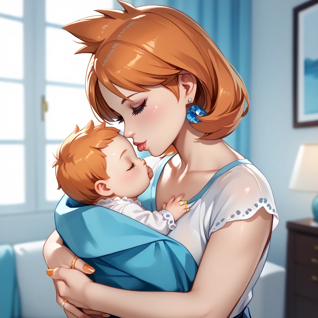 highly detailed, (duo focus), highres, 1woman, 1baby, BREAK, 1woman, Misty_G2, orange hair, gold wedding ring, ring on ring finger, blue teardrop earrings, blouse, holding baby, BREAK, 1baby, black hair, baby black hair, mother with baby, baby carry, swaddled, kiss to forehead,