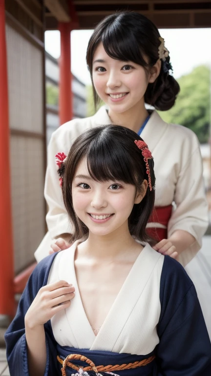 nsfw,Japan Person, 2girl with fun ,full body shot, japan famous idol, very young face, masterpiece, high quality, head tilt, taisho period, hakama,narrow shoulder width,looking at viewer, small face,leaning forward,laughter