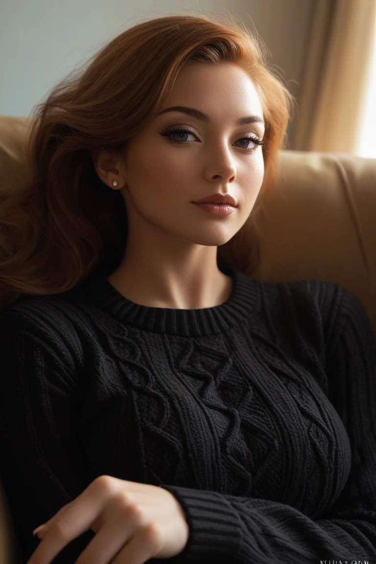 A stunning Japanese female fashion model in her late 20s, with a graceful and intelligent aura. She is dressed in a black knit sweater, her fingers lightly resting near her chest. The image captures her from a slightly forward-angled perspective, emphasizing elegance and beauty, with soft, natural lighting highlighting her delicate facial features.